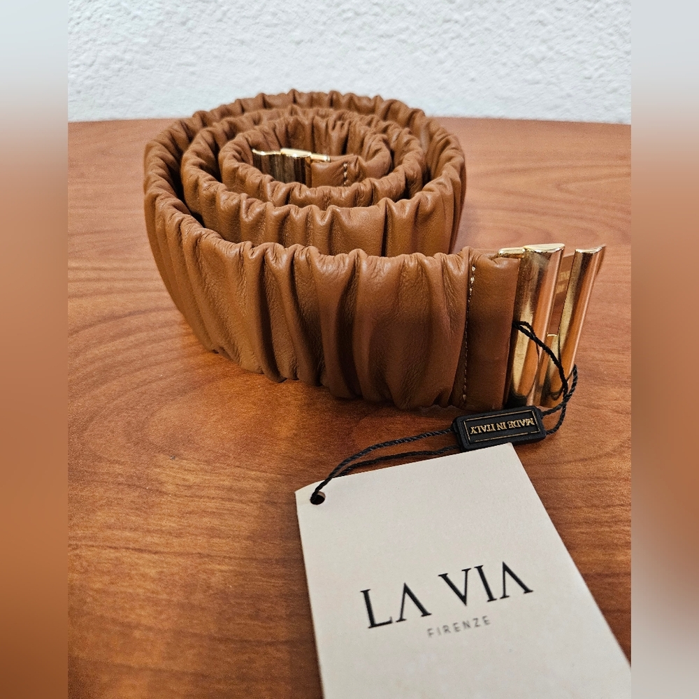 LaVia Firenze Tan Ruched Elastic Leather Belt with Gold Buckle